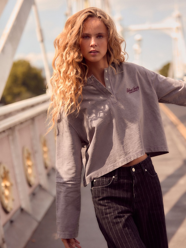 Purple Chest Graphic Relaxed Fit Washed Popper Front Henley Wide Sleeve 100% Cotton Sweatshirt - Image 1 of 8