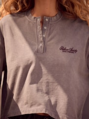 Purple Chest Graphic Relaxed Fit Washed Popper Front Henley Wide Sleeve 100% Cotton Sweatshirt - Image 4 of 8