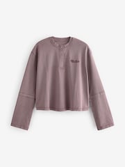 Purple Chest Graphic Relaxed Fit Washed Popper Front Henley Wide Sleeve 100% Cotton Sweatshirt - Image 5 of 8