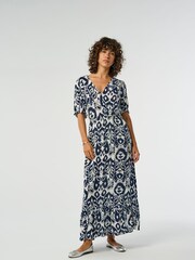 ONLY Blue Graphic Print V-Neck Puff Sleeve Maxi Dress - Image 1 of 7