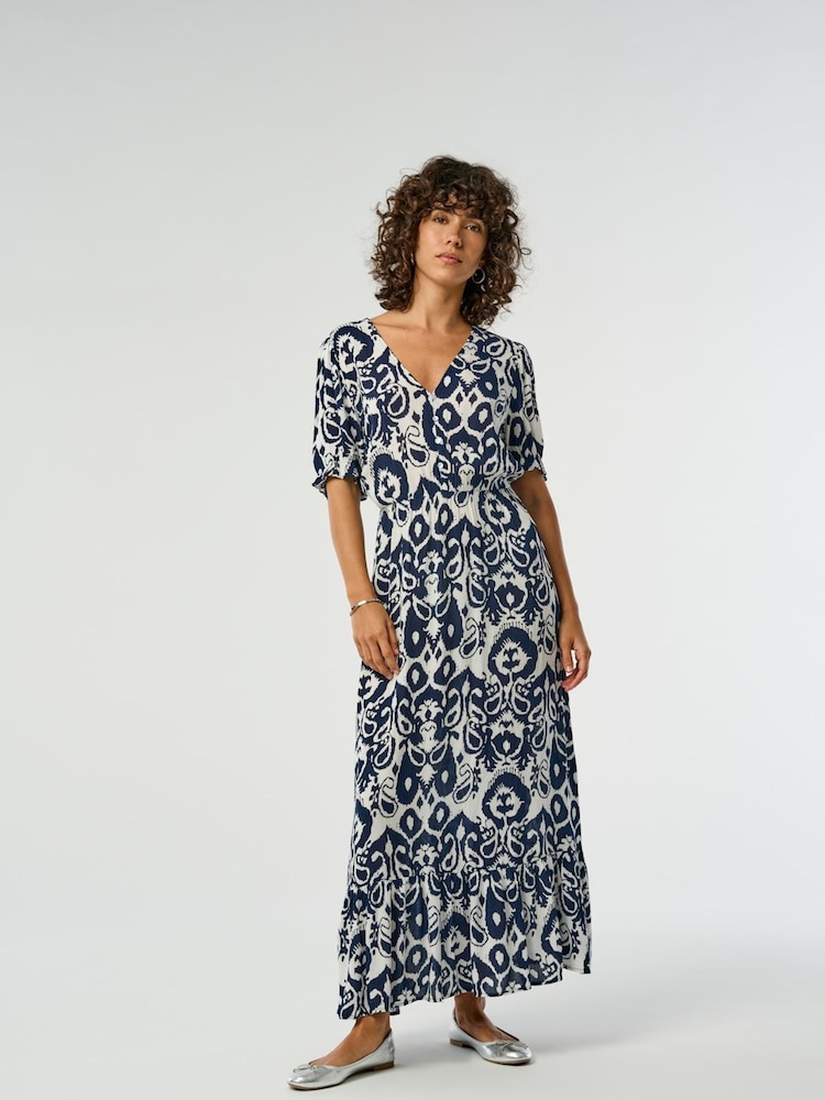 ONLY Blue Graphic Print V-Neck Puff Sleeve Maxi Dress - Image 1 of 7