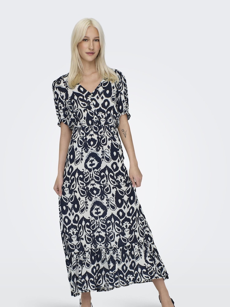 ONLY Blue Graphic Print V-Neck Puff Sleeve Maxi Dress - Image 2 of 7