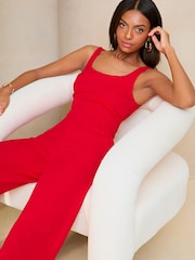 Lipsy Red Twist Front Square Neck Wide Leg Jumpsuit - Image 3 of 4