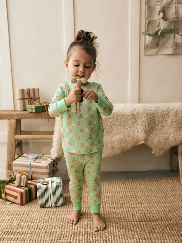 Green/Pink Tree 100% Cotton Christmas Pyjamas (9mths-16yrs) - Image 1 of 7