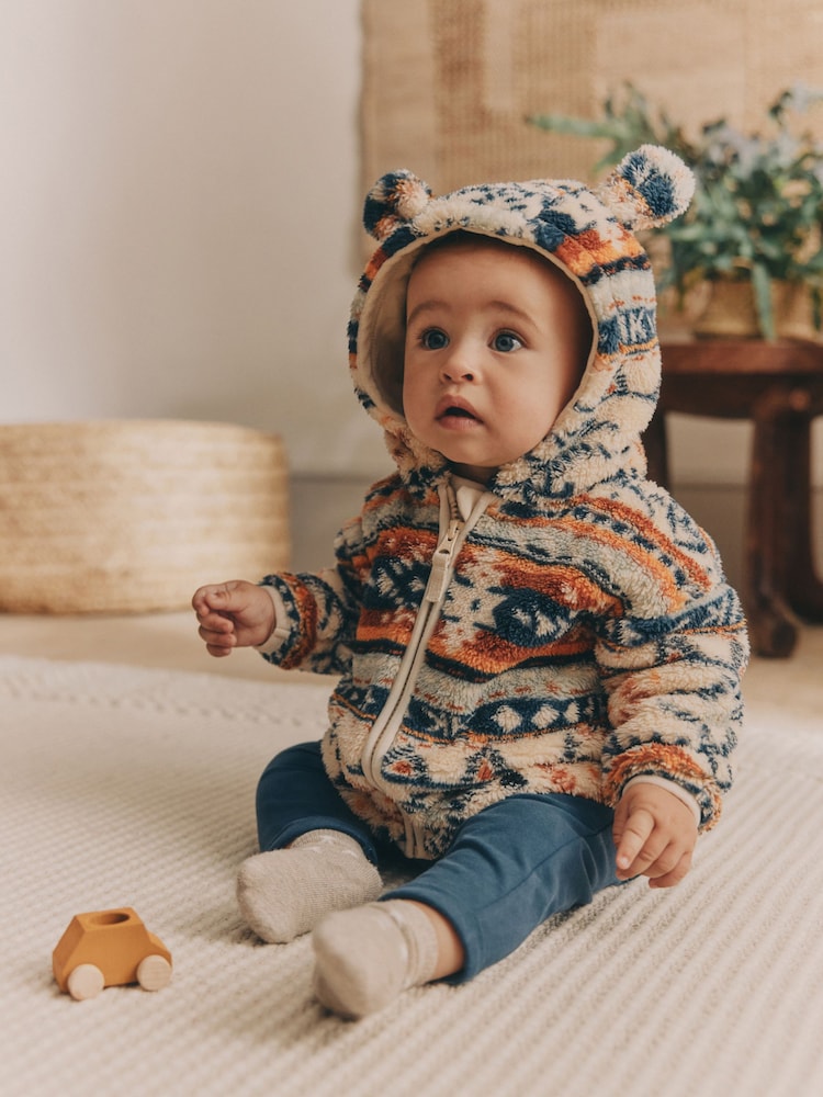 Blue/ Orange Print Baby Cosy Fleece Jacket with 3d Ears (0mths-2yrs) - Image 1 of 10