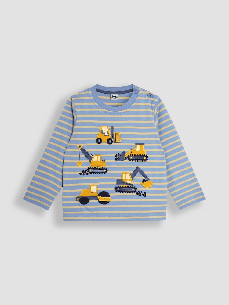 JoJo Maman Bébé Blue Stripe Construction Vehicles Long Sleeve Button Shoulder Striped Appliqué Top - Image 1 of 3
