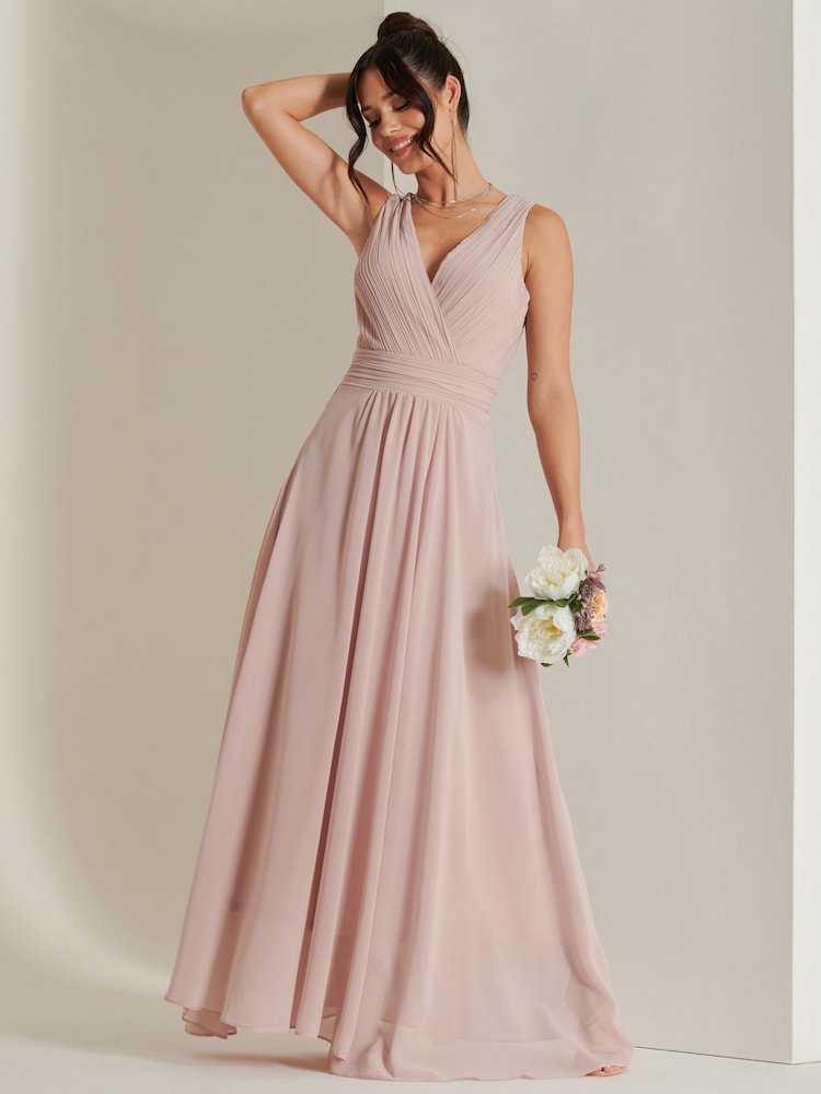 Jolie Moi Dusky Pink Pleated Bodice Chiffon Maxi Dress - Image 1 of 6