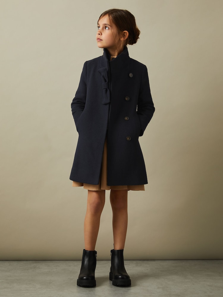 Reiss Navy Keri 4-9 yrs Wool Blend Funnel Neck Bow Coat - Image 1 of 4