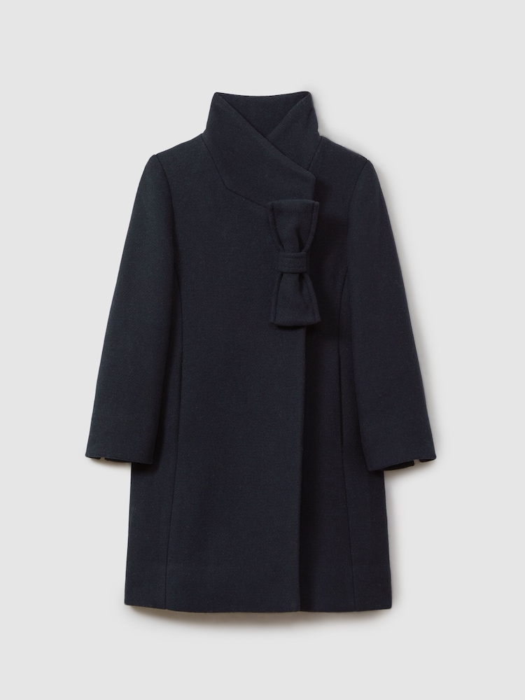 Reiss Navy Keri 4-9 yrs Wool Blend Funnel Neck Bow Coat - Image 2 of 4