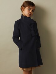 Reiss Navy Keri 4-9 yrs Wool Blend Funnel Neck Bow Coat - Image 3 of 4