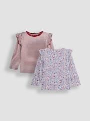 JoJo Maman Bébé Purple 2-Pack Ditsy Floral & Stripe Frill Tops - Image 1 of 5