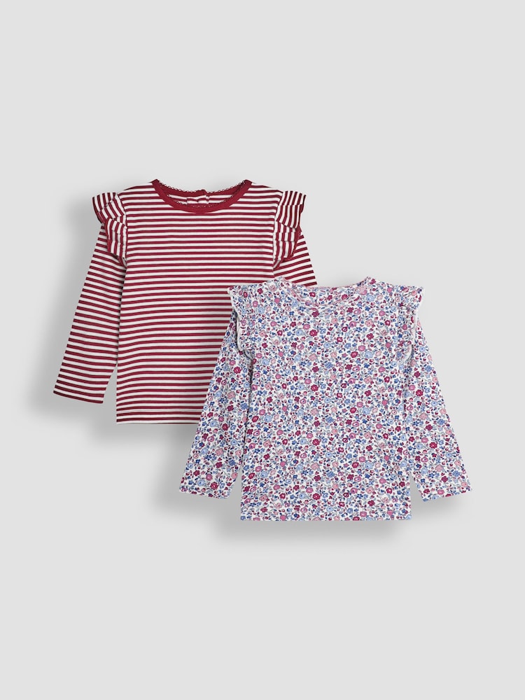 JoJo Maman Bébé Purple 2-Pack Ditsy Floral & Stripe Frill Tops - Image 1 of 5 JoJo Maman Bébé Purple 2-Pack Ditsy Floral & Stripe Frill Tops - Image 1 of 5