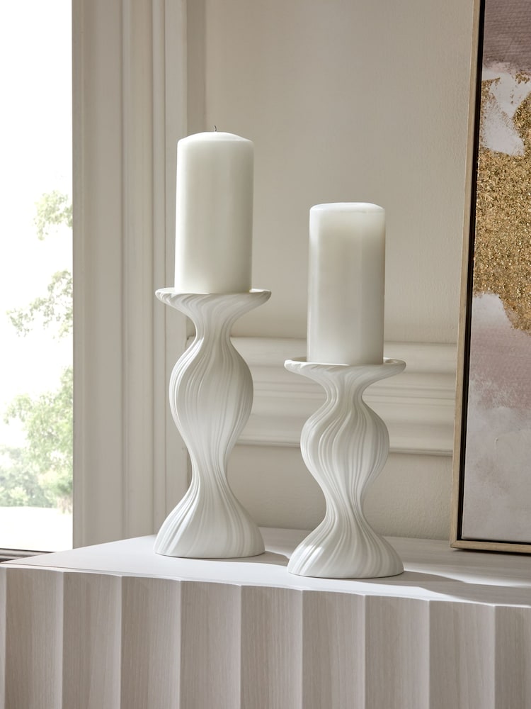White Ceramic Pleat Pillar Candle Holder - Image 1 of 5