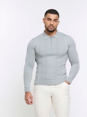 River Island Grey Muscle Fit Long Sleeve Texture Polo Knit T-Shirt - Image 1 of 4