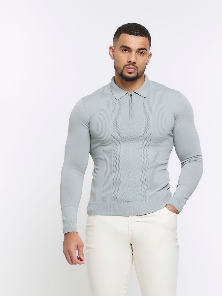 River Island Grey Muscle Fit Long Sleeve Texture Polo Knit T-Shirt - Image 1 of 4