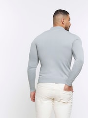 River Island Grey Muscle Fit Long Sleeve Texture Polo Knit T-Shirt - Image 2 of 4