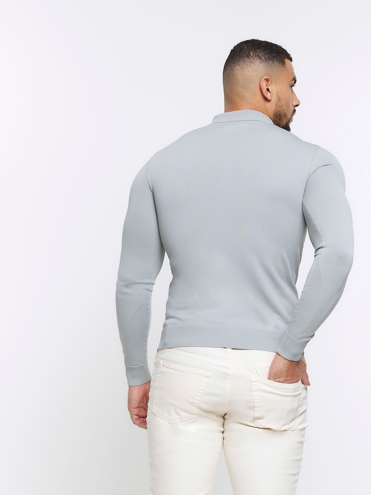 River Island Grey Muscle Fit Long Sleeve Texture Polo Knit T-Shirt - Image 2 of 4
