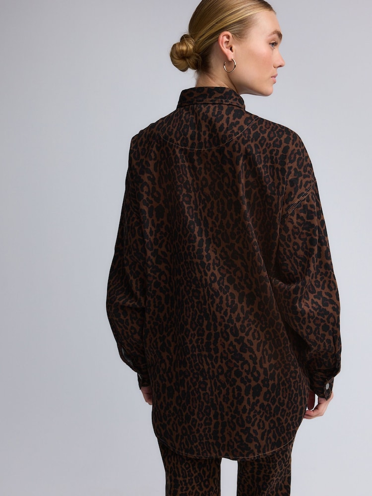 Leopard Print Print Oversized Denim 100% Cotton Shirt - Image 3 of 10