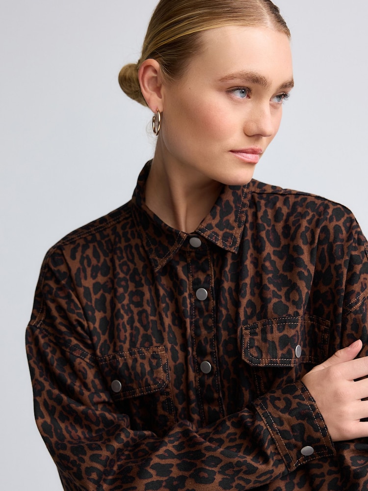 Leopard Print Print Oversized Denim 100% Cotton Shirt - Image 4 of 10