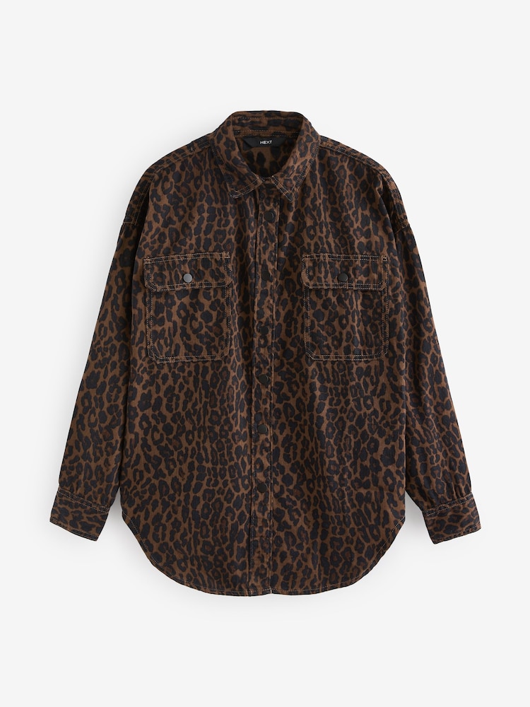 Leopard Print Print Oversized Denim 100% Cotton Shirt - Image 5 of 10