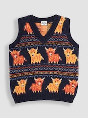 JoJo Maman Bébé Navy Blue Highland Cow Knit Tank Top - Image 1 of 3