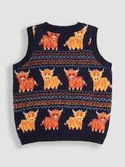 JoJo Maman Bébé Navy Blue Highland Cow Knit Tank Top - Image 2 of 3