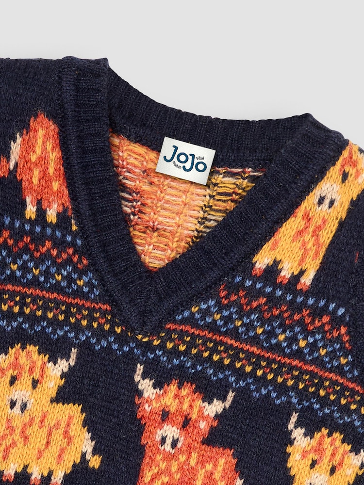 JoJo Maman Bébé Navy Blue Highland Cow Knit Tank Top - Image 3 of 3
