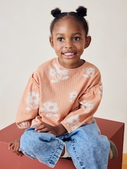 Peach Pink Flower 100% Cotton Long Sleeve Textured Top (3mths-7yrs) - Image 1 of 7