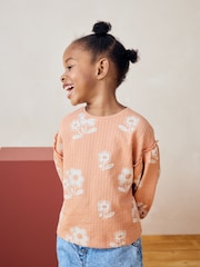 Peach Pink Flower 100% Cotton Long Sleeve Textured Top (3mths-7yrs) - Image 2 of 7