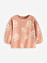 Peach Pink Flower 100% Cotton Long Sleeve Textured Top (3mths-7yrs) - Image 5 of 7