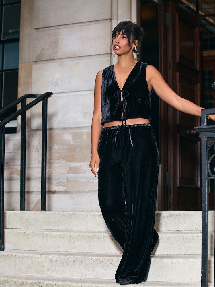 Black Velvet Wide Leg Trousers - Image 1 of 7 Black Velvet Wide Leg Trousers - Image 1 of 7