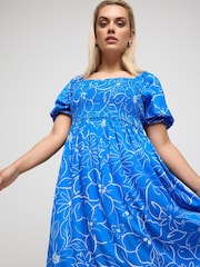 Yours Curve Blue Ditsy Floral Print Shirred Midaxi Dress - Image 1 of 5