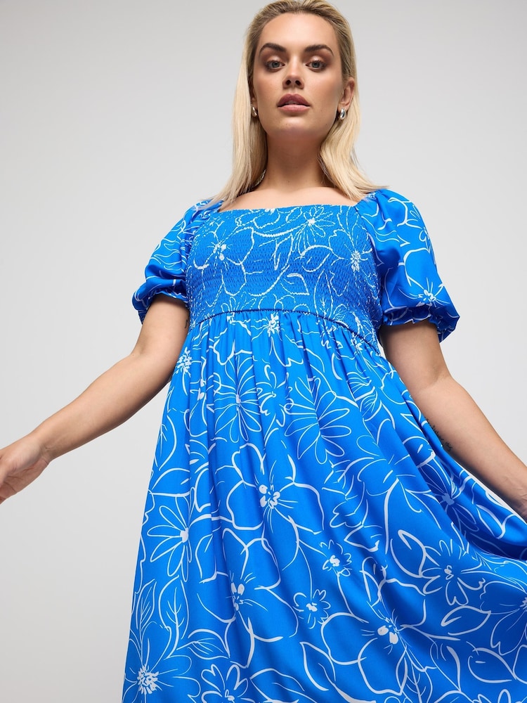 Yours Curve Blue Ditsy Floral Print Shirred Midaxi Dress - Image 1 of 5