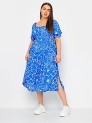 Yours Curve Blue Ditsy Floral Print Shirred Midaxi Dress - Image 2 of 5