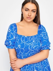 Yours Curve Blue Ditsy Floral Print Shirred Midaxi Dress - Image 5 of 5