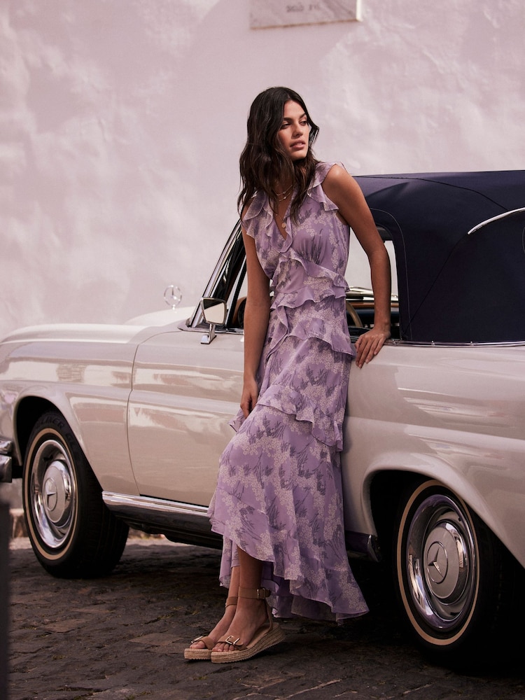 Mint Velvet Purple Floral Ruffle Maxi Dress - Image 1 of 4