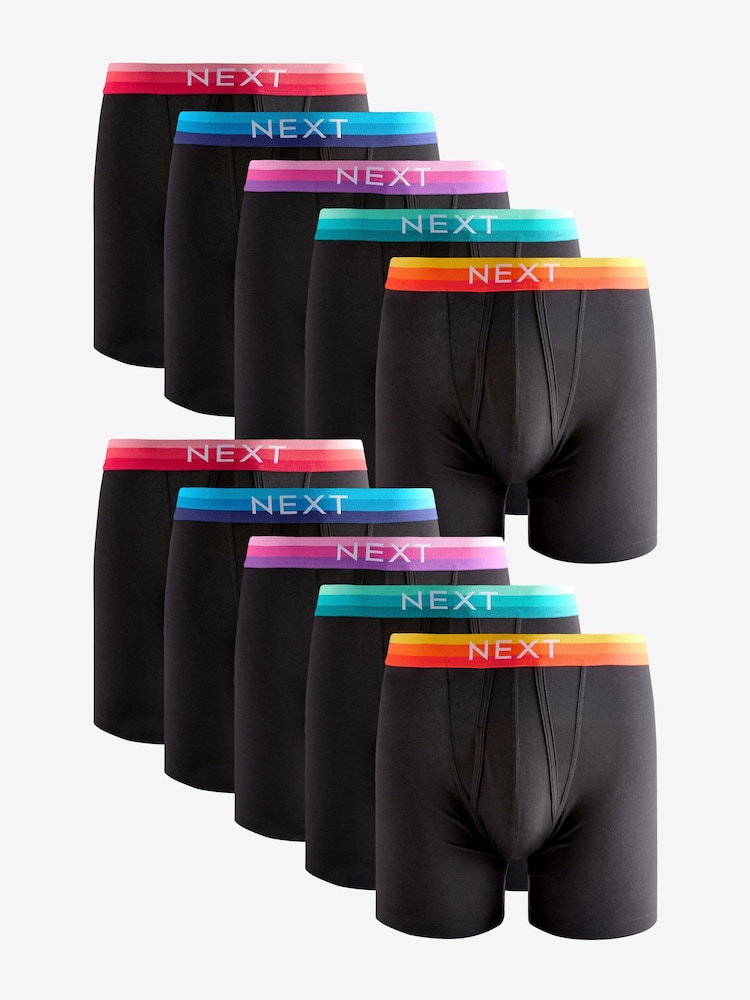 Black Bright Orange/Blue Ombre Waistband 10 pack Sports Longer Length A-Front Boxers - Image 1 of 1
