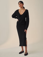 Negru - Rochie pulover tricotată midi cu mânecă lungă și decolteu în V - Image 1 of 5