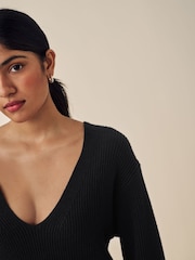 Negru - Rochie pulover tricotată midi cu mânecă lungă și decolteu în V - Image 3 of 5