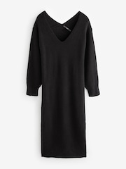 Negru - Rochie pulover tricotată midi cu mânecă lungă și decolteu în V - Image 4 of 5