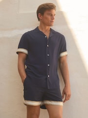 Reiss Navy Valbonne Reiss | Ché Cuff Detail Cuban Collar Shirt - Image 1 of 5