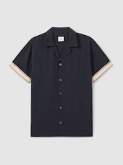 Reiss Navy Valbonne Reiss | Ché Cuff Detail Cuban Collar Shirt - Image 2 of 5