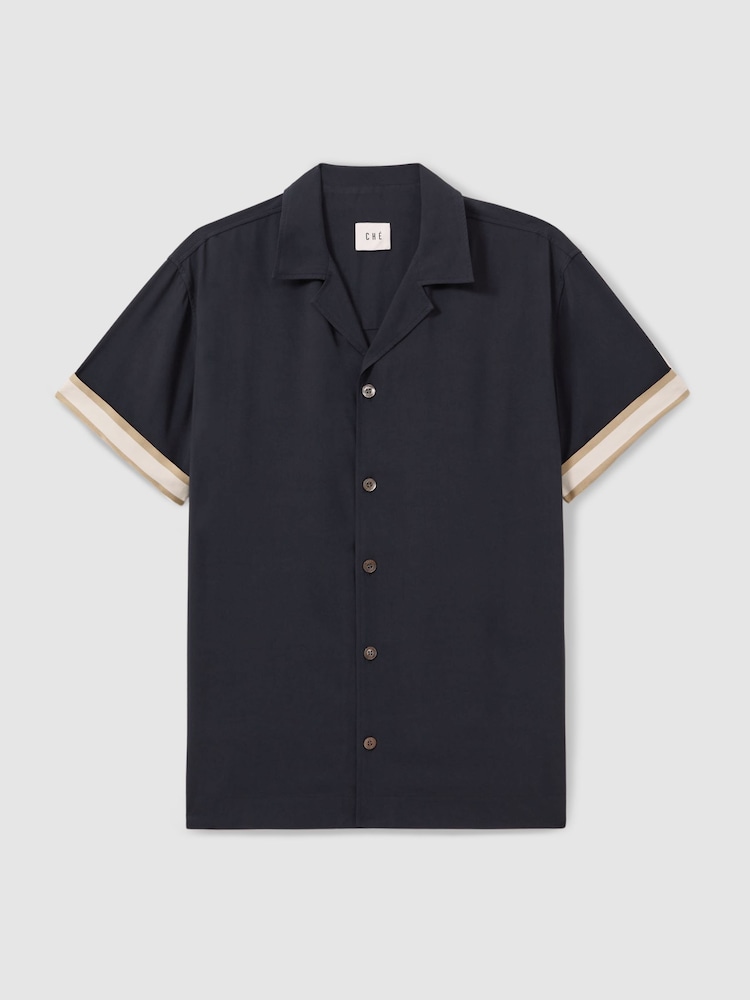 Reiss Navy Valbonne Reiss | Ché Cuff Detail Cuban Collar Shirt - Image 2 of 5