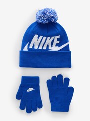 Nike Blue Swoosh Pom Beanie Hat and Gloves Set - Image 1 of 1