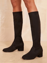 Friends Like These Black Standard Fit Low Block Heel Knee Stretch Faux Suede Boots - Image 1 of 4