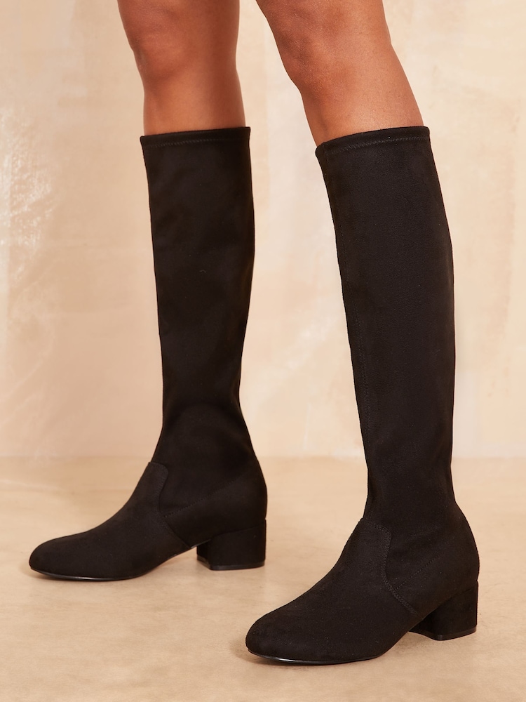 Friends Like These Black Standard Fit Low Block Heel Knee Stretch Faux Suede Boots - Image 1 of 4