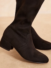 Friends Like These Black Standard Fit Low Block Heel Knee Stretch Faux Suede Boots - Image 3 of 4