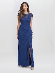 Gina Bacconi Cecilia Maxikleid mit besticktem Dekolleté, Blau - Bild 1 von 5