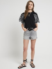 River Island Black 100% Cotton Cutwork Sleeve T-Shirt - Image 1 of 4
