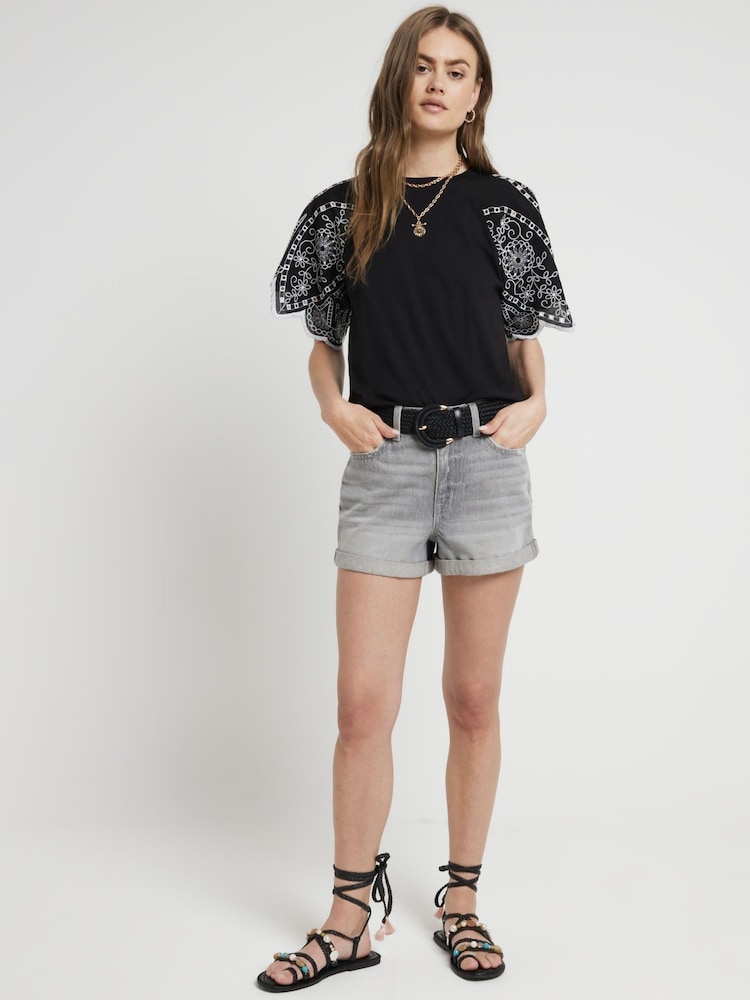 River Island Black 100% Cotton Cutwork Sleeve T-Shirt - Image 1 of 4